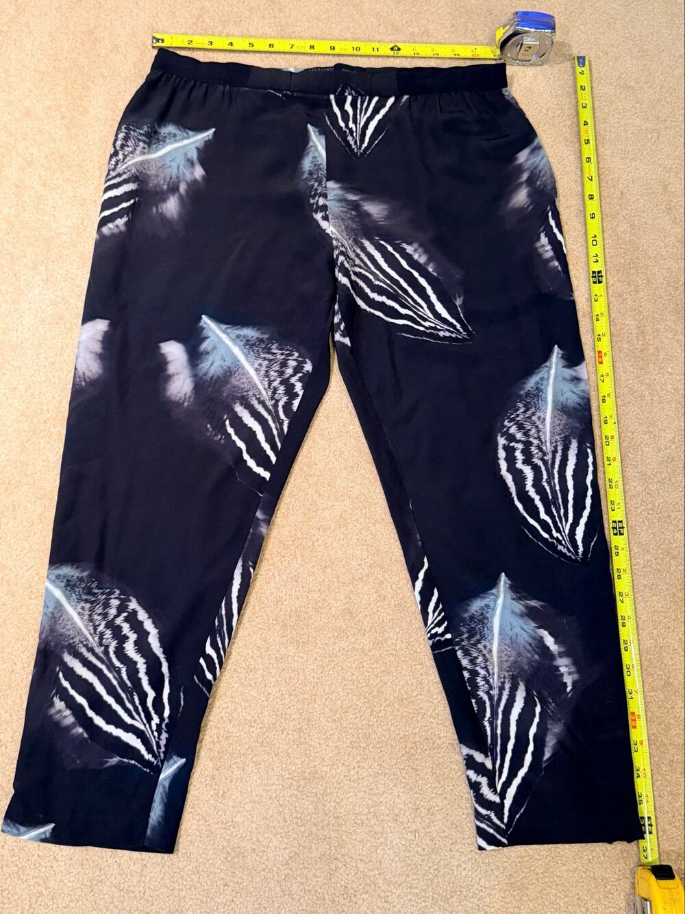 ALLSAINTS Black Feather Print Silk Jogger Pants Ankle Zips US 10 / UK 14